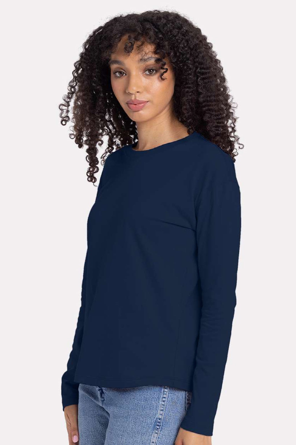 Next Level 3911 Womens Relaxed Long Sleeve Crewneck T-Shirt Midnight Navy Blue Model Side