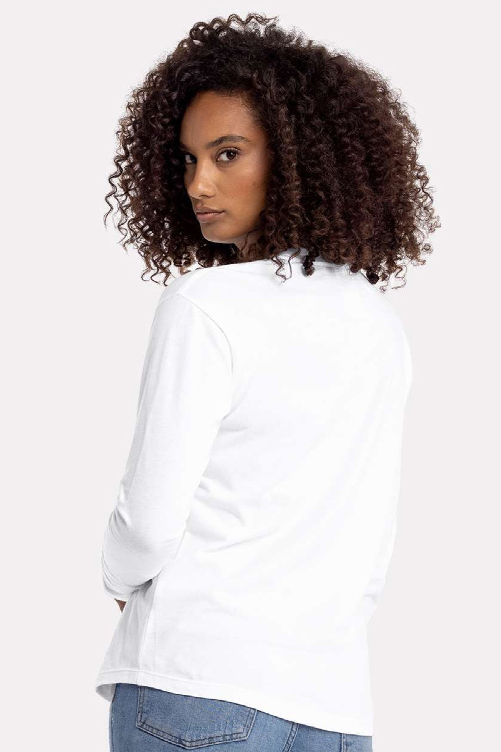 Next Level 3911 Womens Relaxed Long Sleeve Crewneck T-Shirt White Model Back