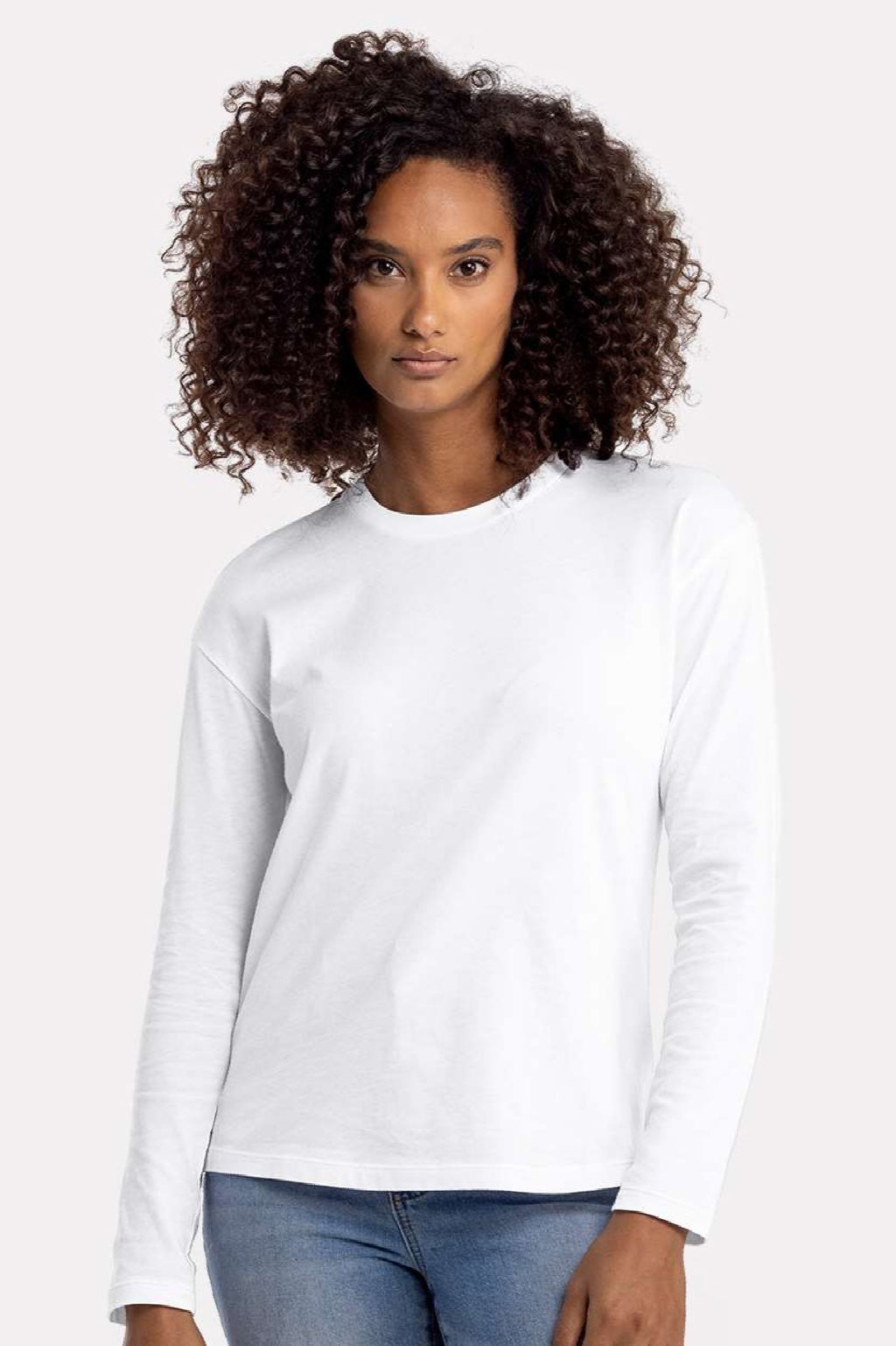 Next Level 3911 Womens Relaxed Long Sleeve Crewneck T-Shirt White Model Front