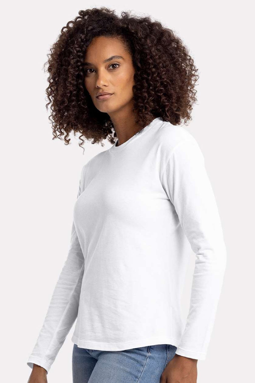 Next Level 3911 Womens Relaxed Long Sleeve Crewneck T-Shirt White Model Side