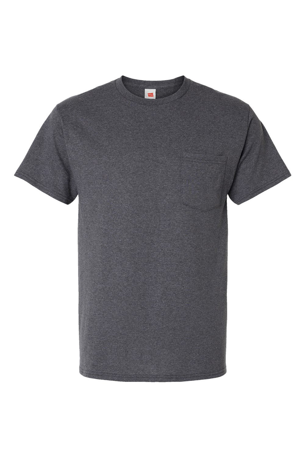 Hanes 5290P Mens Essential Short Sleeve Crewneck T-Shirt w/ Pocket Heather Charcoal Grey Flat Front
