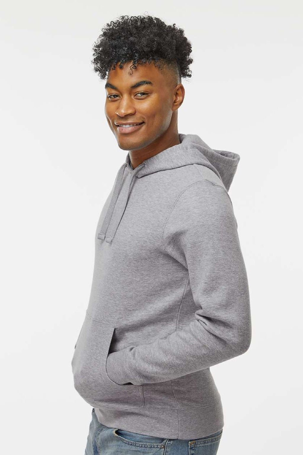 J America 8720 Mens BTB Fleece Hooded Sweatshirt Hoodie w/ Pouch Pocket Oxford Grey Model Side