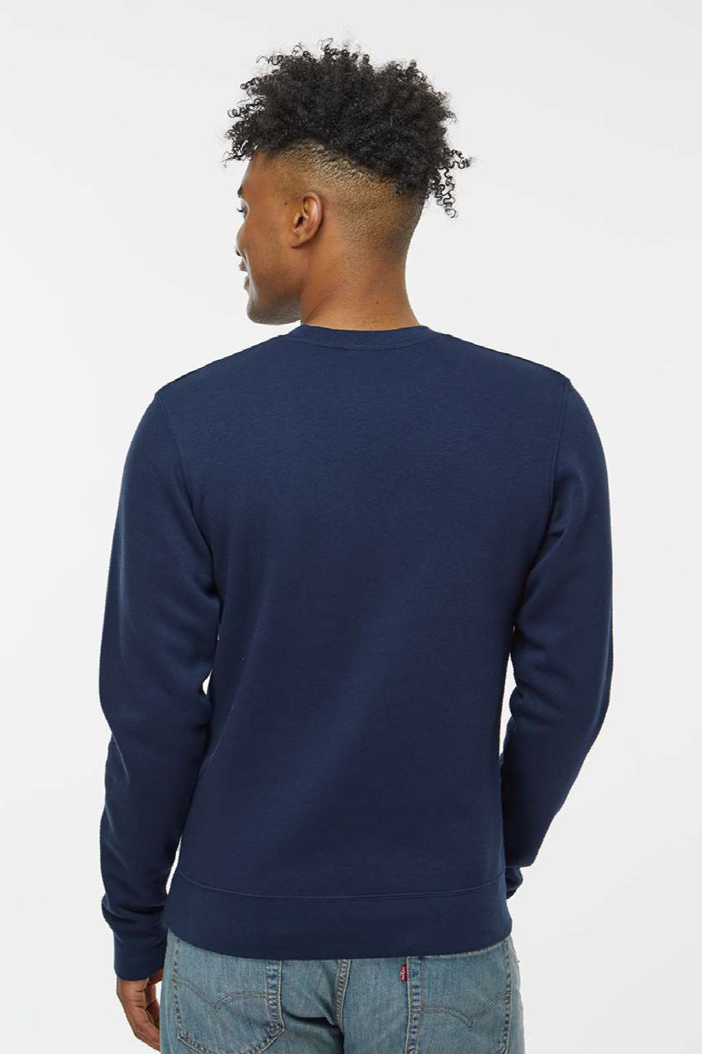 J America 8721 Mens BTB Fleece Crewneck Sweatshirt True Navy Blue Model Back