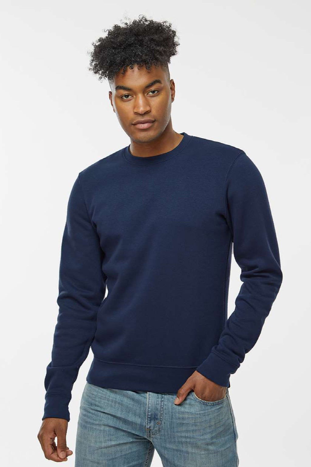 J America 8721 Mens BTB Fleece Crewneck Sweatshirt True Navy Blue Model Front