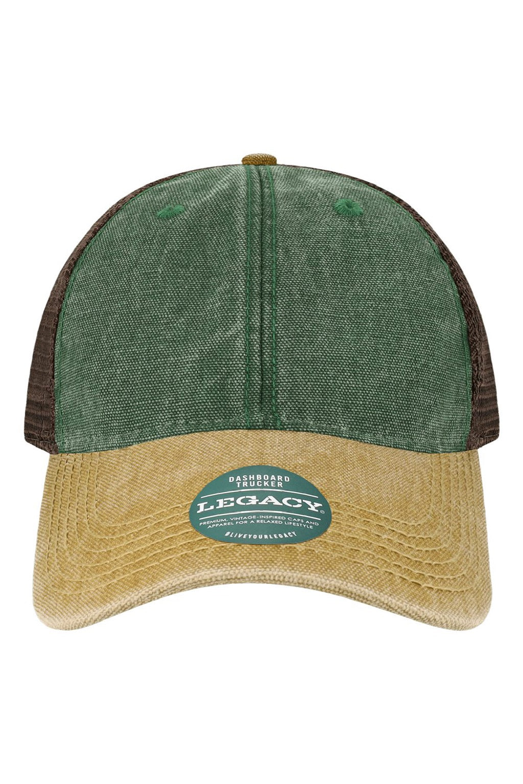 Legacy Hats DTA Mens Dashboard Snapback Trucker Hat Green/Camel/Brown Flat Front
