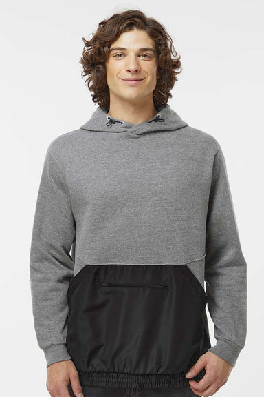 MV Sport 23112 Mens Mixed Media Hooded Sweatshirt Hoodie w/ Pocket Graphite Grey/Black Model Front