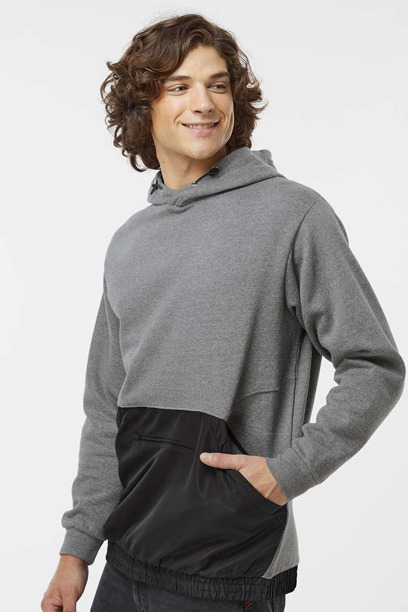 MV Sport 23112 Mens Mixed Media Hooded Sweatshirt Hoodie w/ Pocket Graphite Grey/Black Model Side