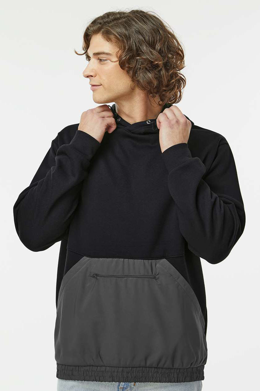 MV Sport 23112 Mens Mixed Media Hooded Sweatshirt Hoodie w/ Pocket Black/Charcoal Grey Model Front