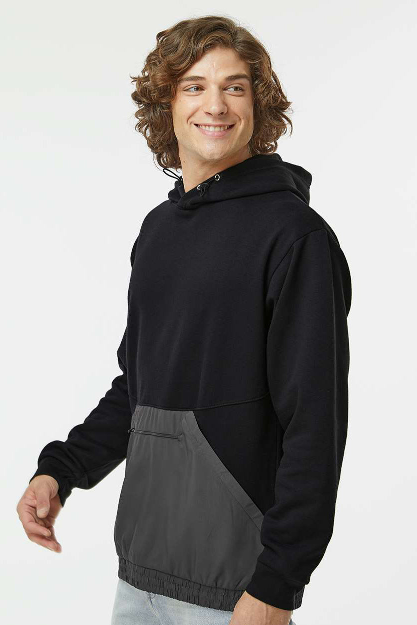 MV Sport 23112 Mens Mixed Media Hooded Sweatshirt Hoodie w/ Pocket Black/Charcoal Grey Model Side