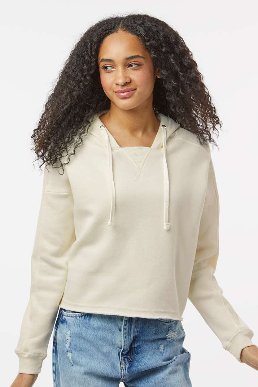 MV Sport W23101 Womens Angel Fleece Crop Hooded Sweatshirt Hoodie Ecru Model Front