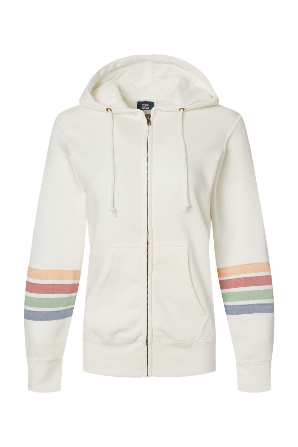 MV Sport W22732 Womens Striped Sleeves Full Zip Hooded Sweatshirt Hoodie w/ Pockets Ivory Flat Front