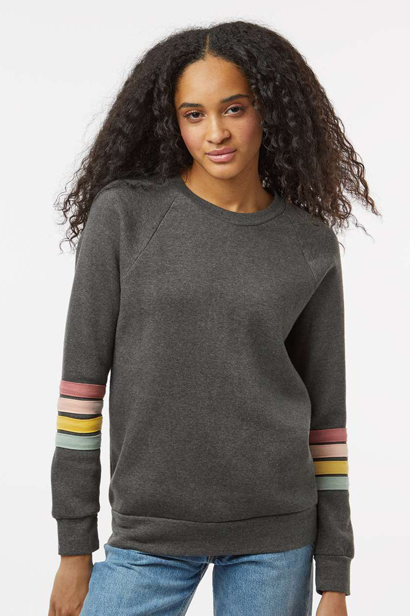 MV Sport W23152 Womens Striped Sleeves Crewneck Sweatshirt Charcoal Grey Model Front