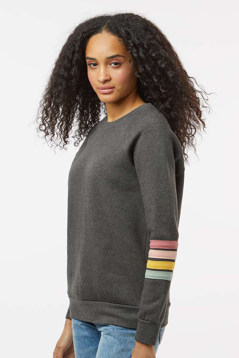 MV Sport W23152 Womens Striped Sleeves Crewneck Sweatshirt Charcoal Grey Model Side