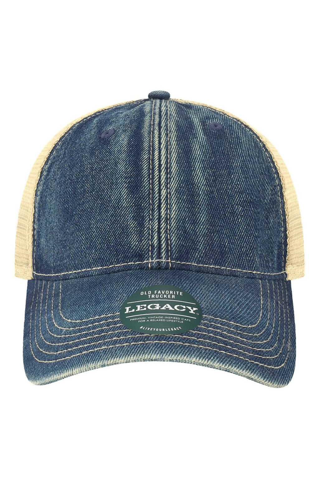 Legacy Hats OFA Mens Old Favorite Snapback Trucker Hat Denim Blue/Khaki Flat Front