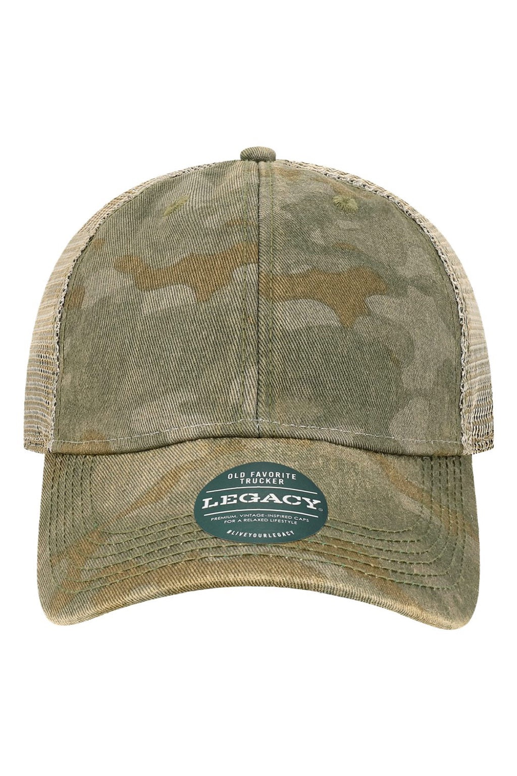 Legacy Hats OFA Mens Old Favorite Snapback Trucker Hat Green Field Camo/Java Flat Front