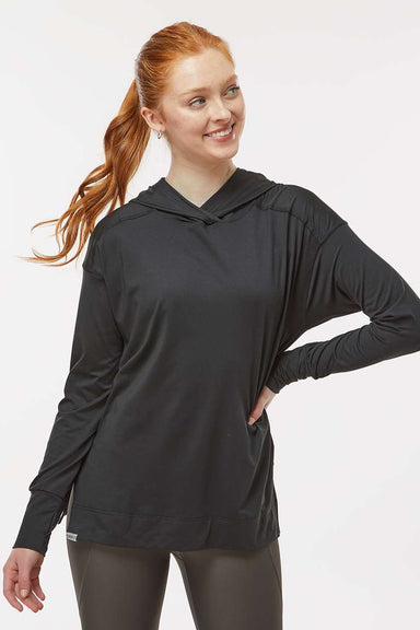 Holloway 222798 Womens Eco Revive Ventura Moisture Wicking Hooded Sweatshirt Hoodie w/ Pockets Black Model Front