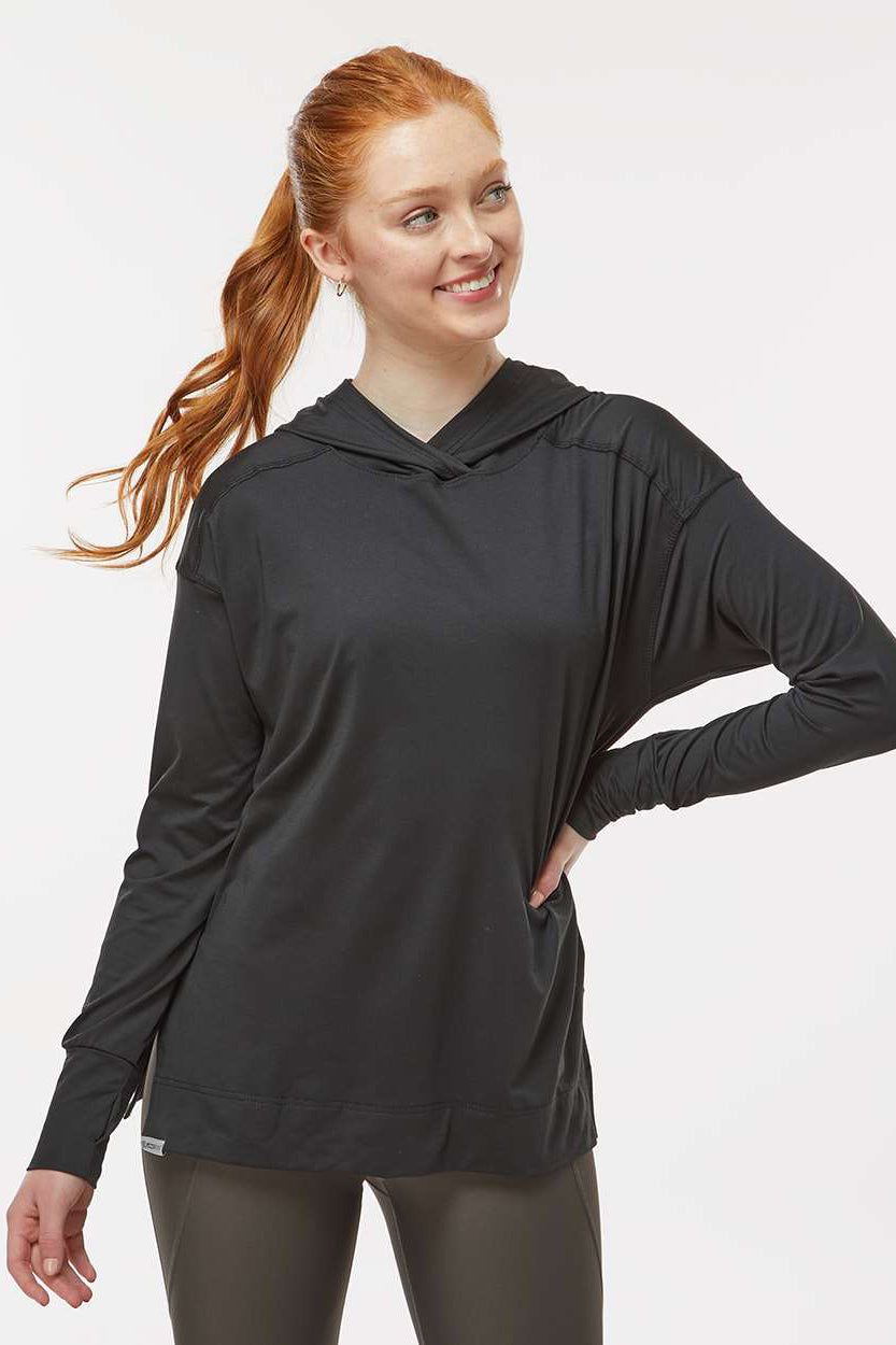 Holloway 222798 Womens Eco Revive Ventura Moisture Wicking Hooded Sweatshirt Hoodie w/ Pockets Black Model Front
