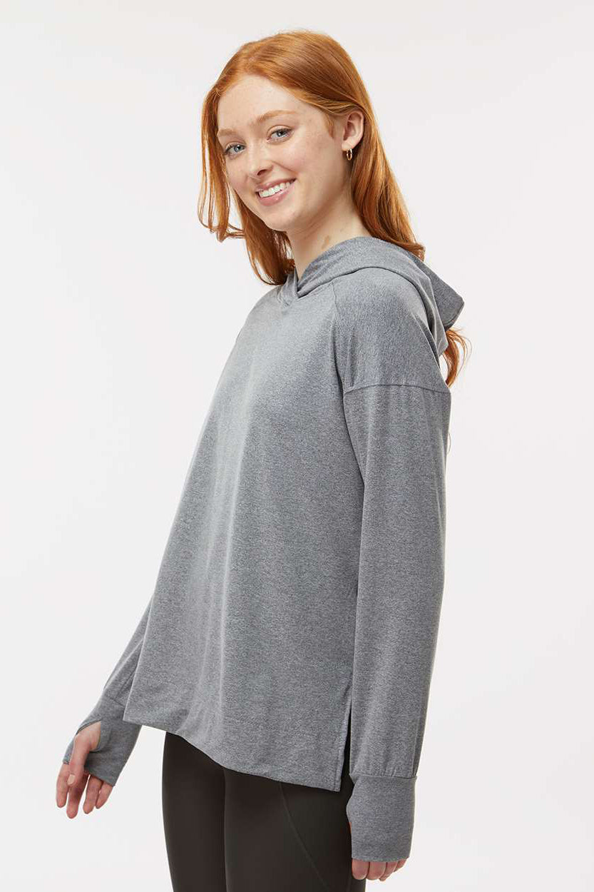 Holloway 222798 Womens Eco Revive Ventura Moisture Wicking Hooded Sweatshirt Hoodie w/ Pockets Heather Grey Model Side