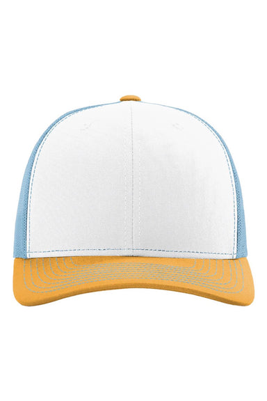 Richardson Hats 112 Mens Snapback Trucker Hat White/Columbia Blue/Yellow Flat Front