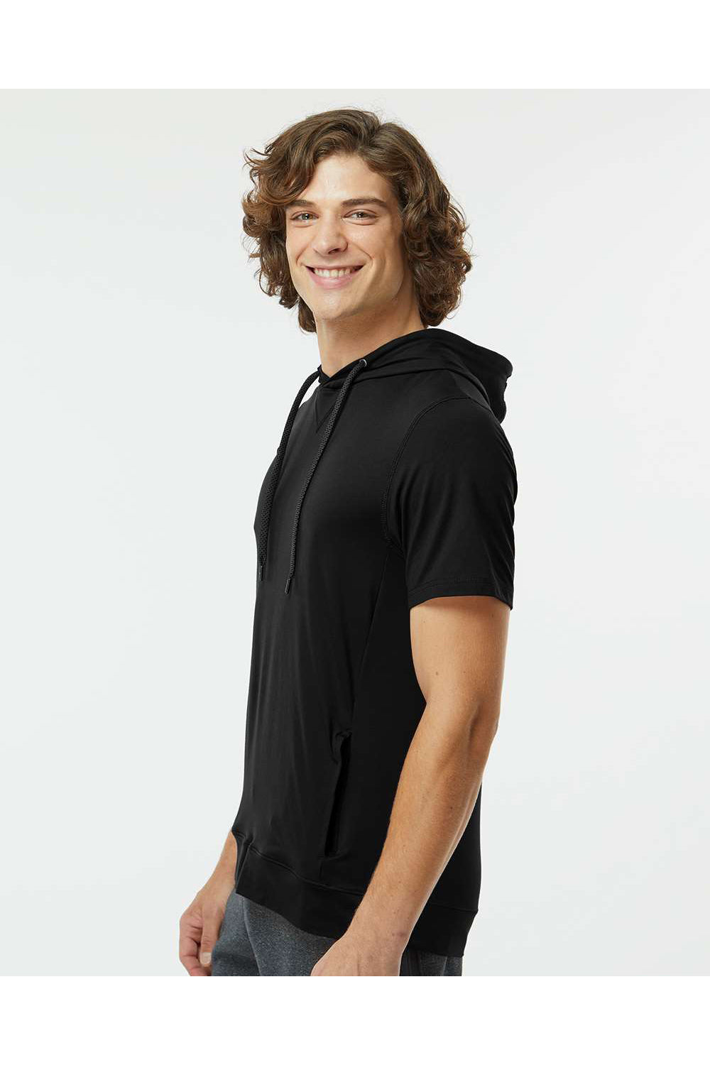 Holloway 222505 Mens Eco Revive Ventura Short Sleeve Hooded Sweatshirt Hoodie Black Model Side