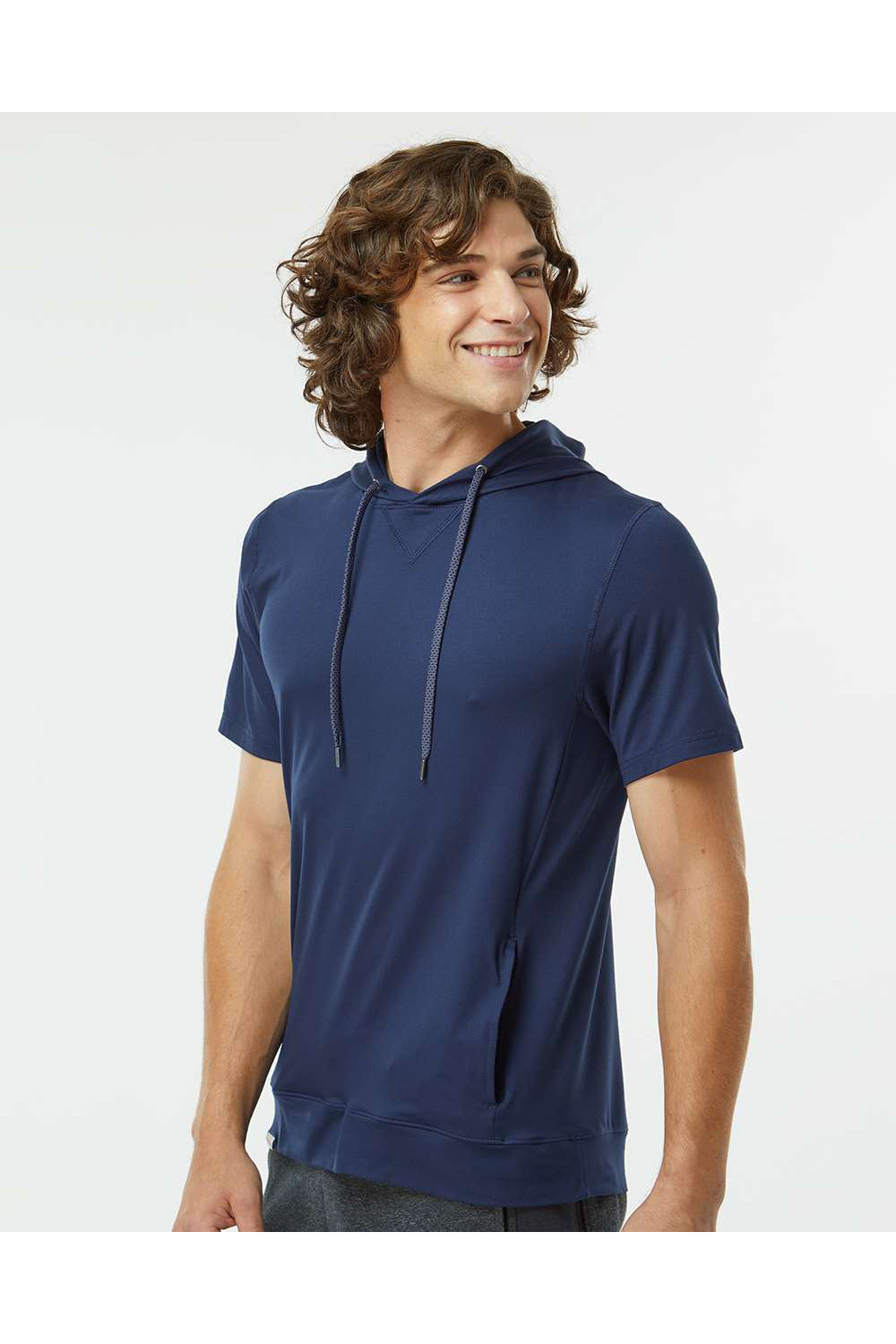 Holloway 222505 Mens Eco Revive Ventura Short Sleeve Hooded Sweatshirt Hoodie Navy Blue Model Side
