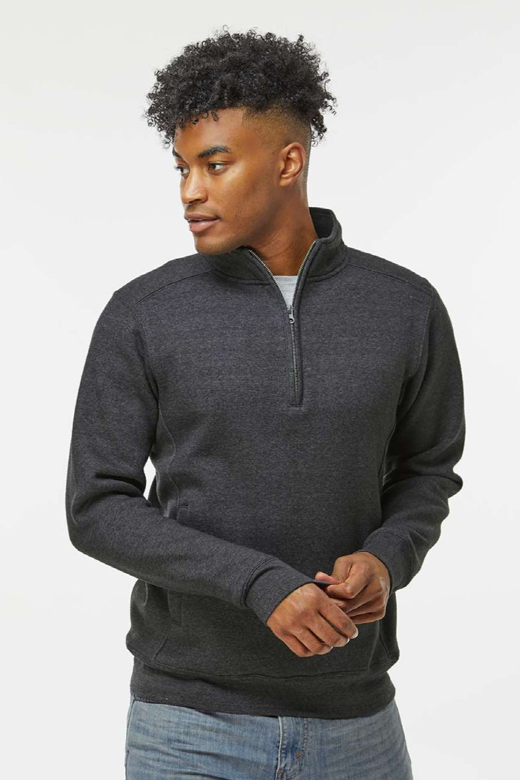 J America 8717 Mens Heavyweight Fleece 1/4 Zip Sweatshirt w/ Pockets Heather Charcoal Grey Model Front