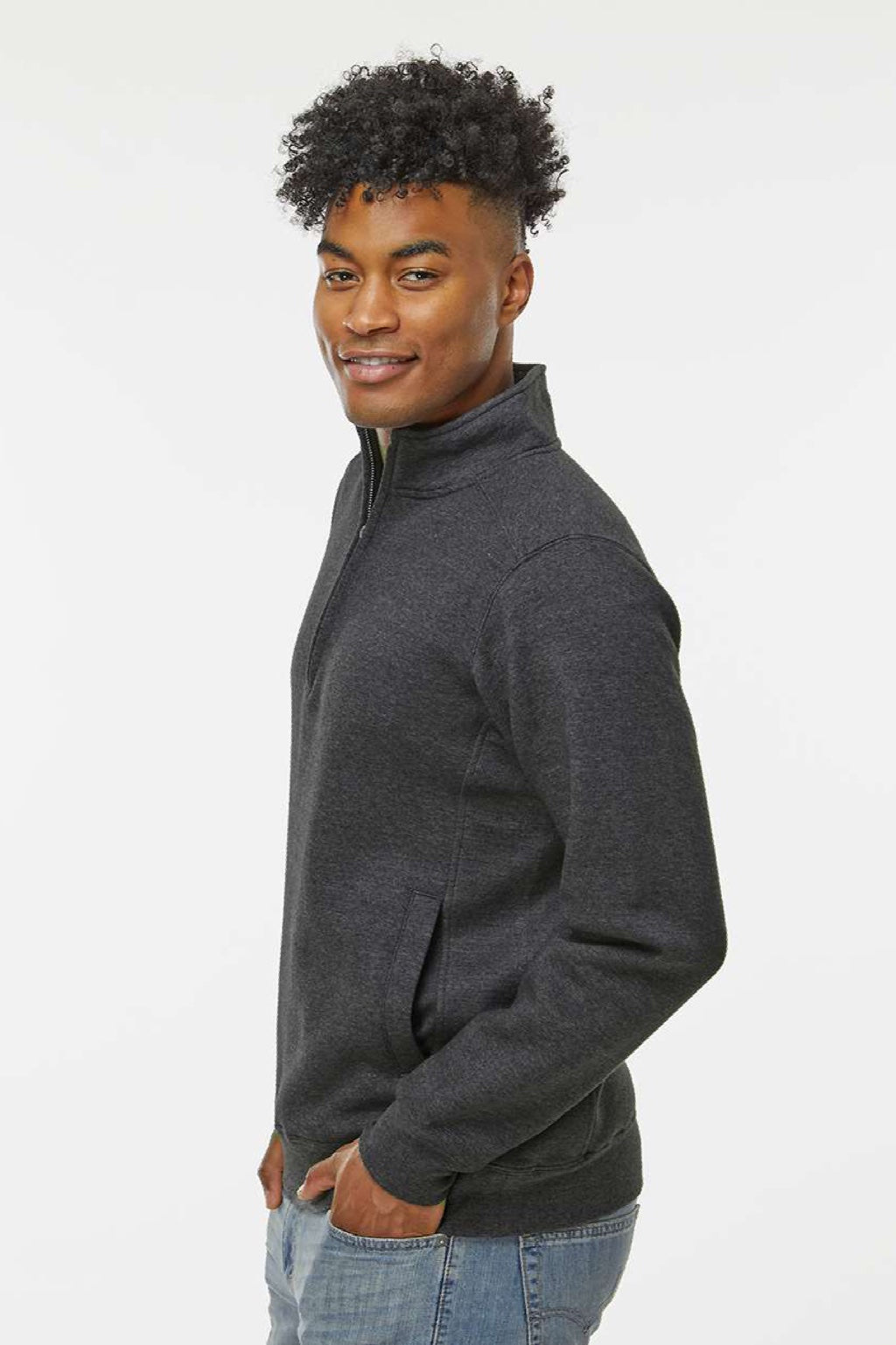 J America 8717 Mens Heavyweight Fleece 1/4 Zip Sweatshirt w/ Pockets Heather Charcoal Grey Model Side
