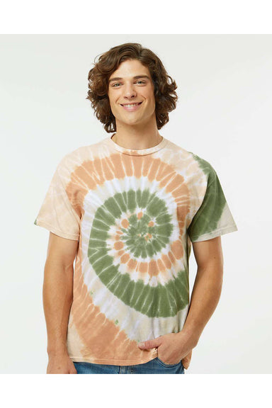 Dyenomite 200MS Mens Spiral Tie Dyed Short Sleeve Crewneck T-Shirt Moab Model Front