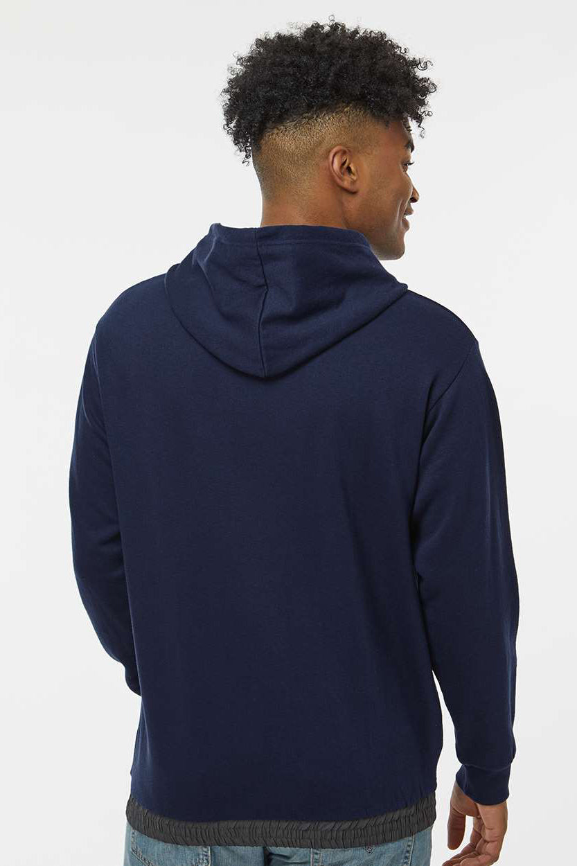 MV Sport 23112 Mens Mixed Media Hooded Sweatshirt Hoodie w/ Pocket Navy Blue/Charcoal Grey Model Back