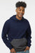 MV Sport 23112 Mens Mixed Media Hooded Sweatshirt Hoodie w/ Pocket Navy Blue/Charcoal Grey Model Front