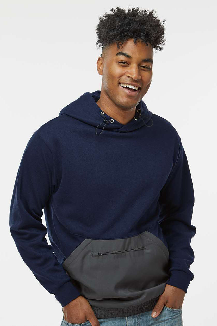MV Sport 23112 Mens Mixed Media Hooded Sweatshirt Hoodie w/ Pocket Navy Blue/Charcoal Grey Model Front