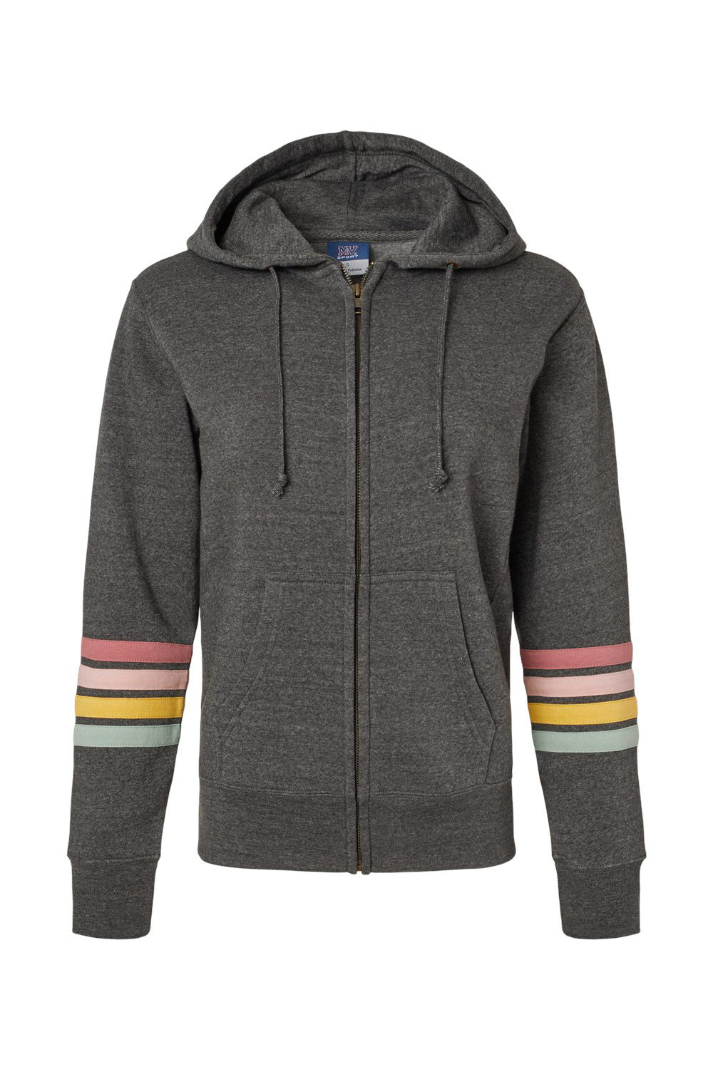 MV Sport W22732 Womens Striped Sleeves Full Zip Hooded Sweatshirt Hoodie w/ Pockets Charcoal Grey Flat Front