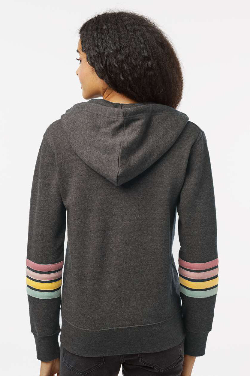 MV Sport W22732 Womens Striped Sleeves Full Zip Hooded Sweatshirt Hoodie w/ Pockets Charcoal Grey Model Back