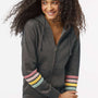 MV Sport Womens Striped Sleeves Full Zip Hooded Sweatshirt Hoodie w/ Pockets - Charcoal Grey