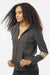 MV Sport W22732 Womens Striped Sleeves Full Zip Hooded Sweatshirt Hoodie w/ Pockets Charcoal Grey Model Side