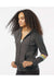 MV Sport W22732 Womens Striped Sleeves Full Zip Hooded Sweatshirt Hoodie Charcoal Grey Model Side
