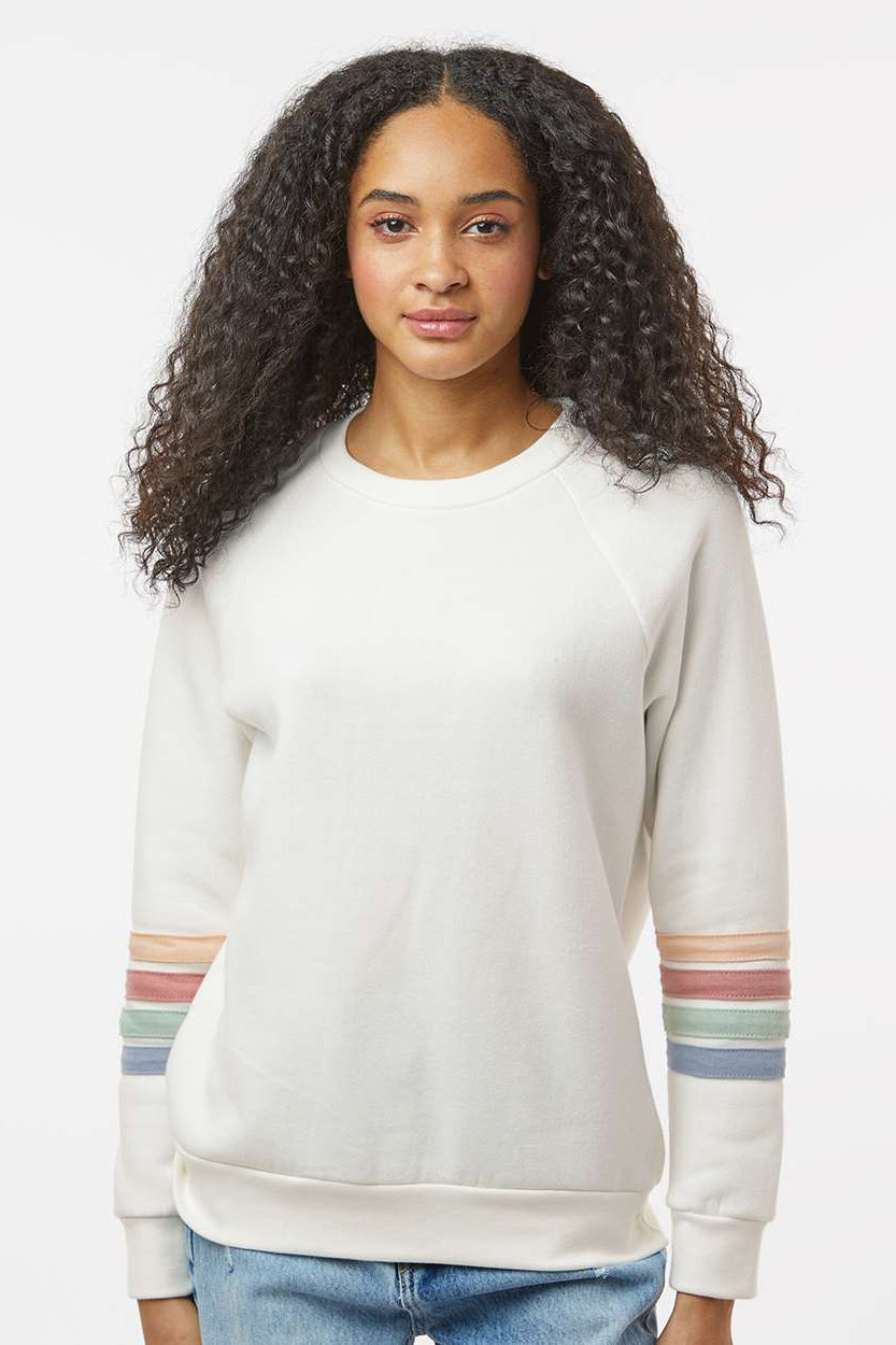 MV Sport W23152 Womens Striped Sleeves Crewneck Sweatshirt Ivory Model Front