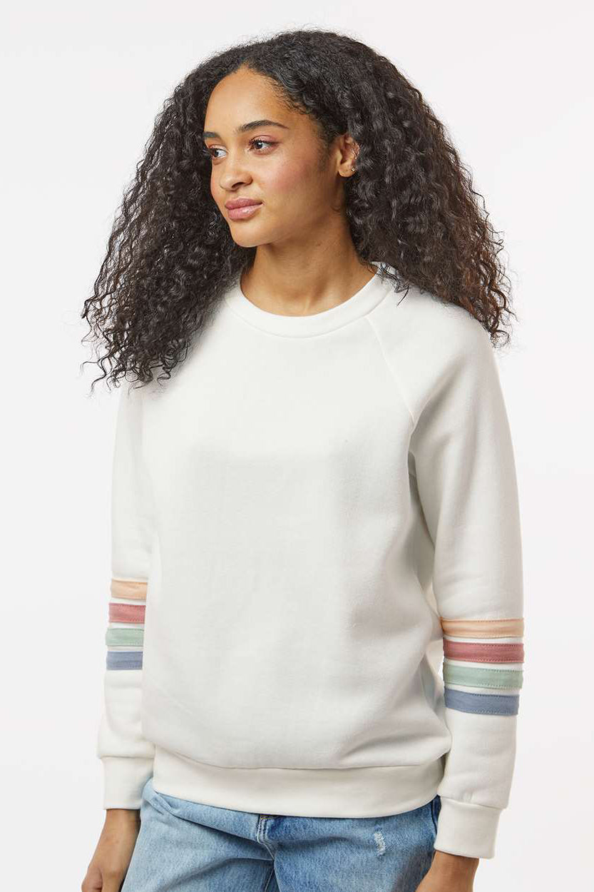 MV Sport W23152 Womens Striped Sleeves Crewneck Sweatshirt Ivory Model Side