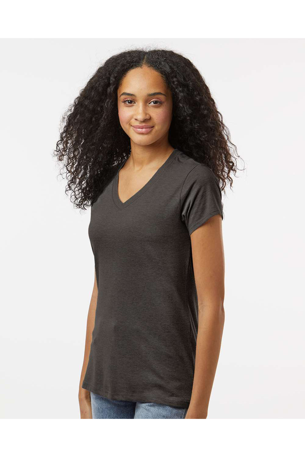Kastlfel 2011 Womens RecycledSoft Short Sleeve V-Neck T-Shirt Carbon Grey Model Side