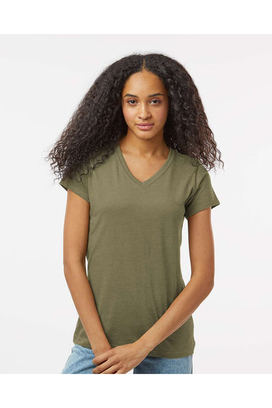 Kastlfel 2011 Womens RecycledSoft Short Sleeve V-Neck T-Shirt Moss Green Model Front