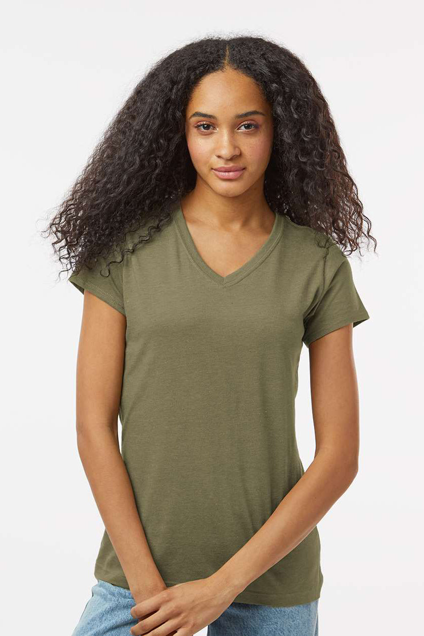 Kastlfel 2011 Womens Recycled Soft Short Sleeve V-Neck T-Shirt Moss Green Model Front