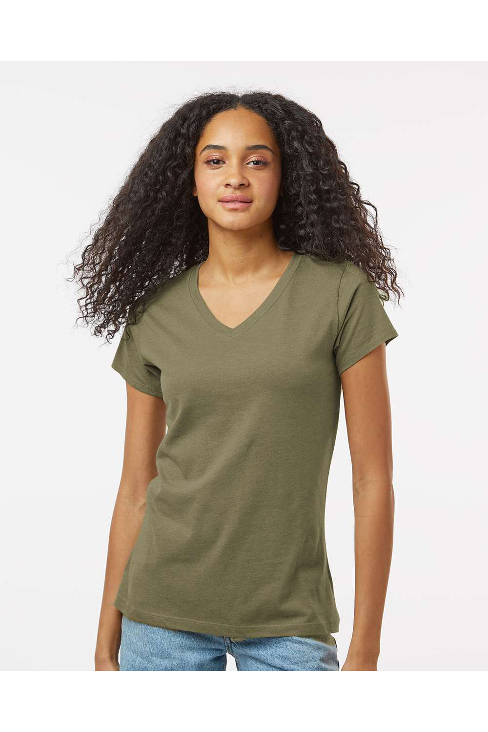 Kastlfel 2011 Womens RecycledSoft Short Sleeve V-Neck T-Shirt Moss Green Model Side