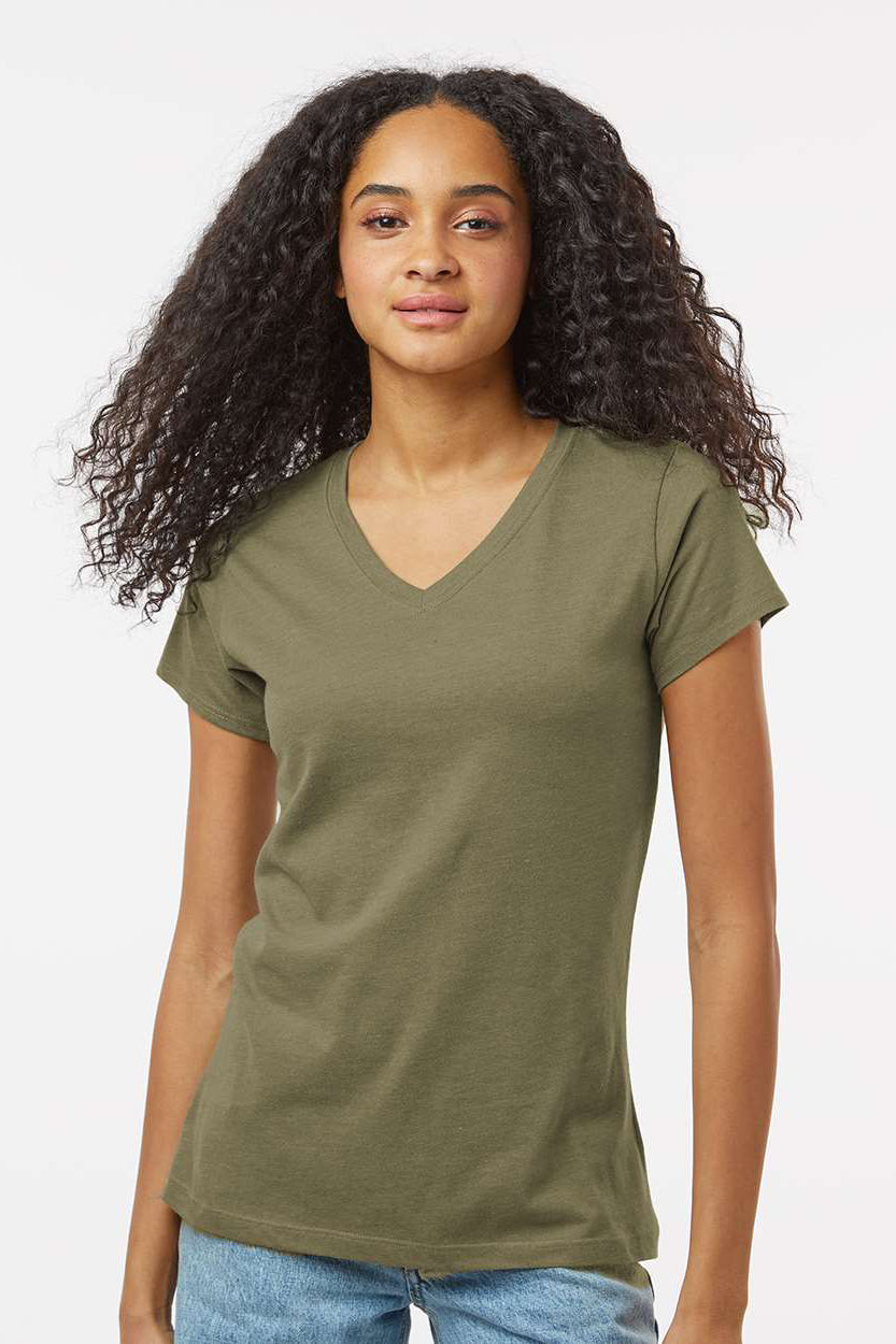 Kastlfel 2011 Womens Recycled Soft Short Sleeve V-Neck T-Shirt Moss Green Model Side