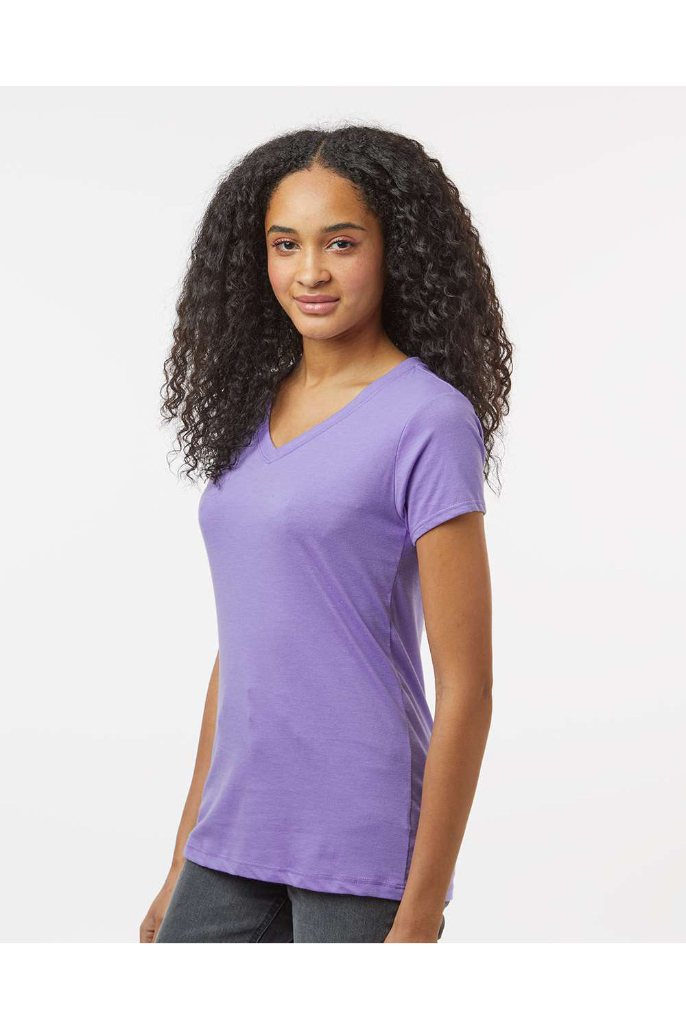 Kastlfel 2011 Womens RecycledSoft Short Sleeve V-Neck T-Shirt Violet Purple Model Side