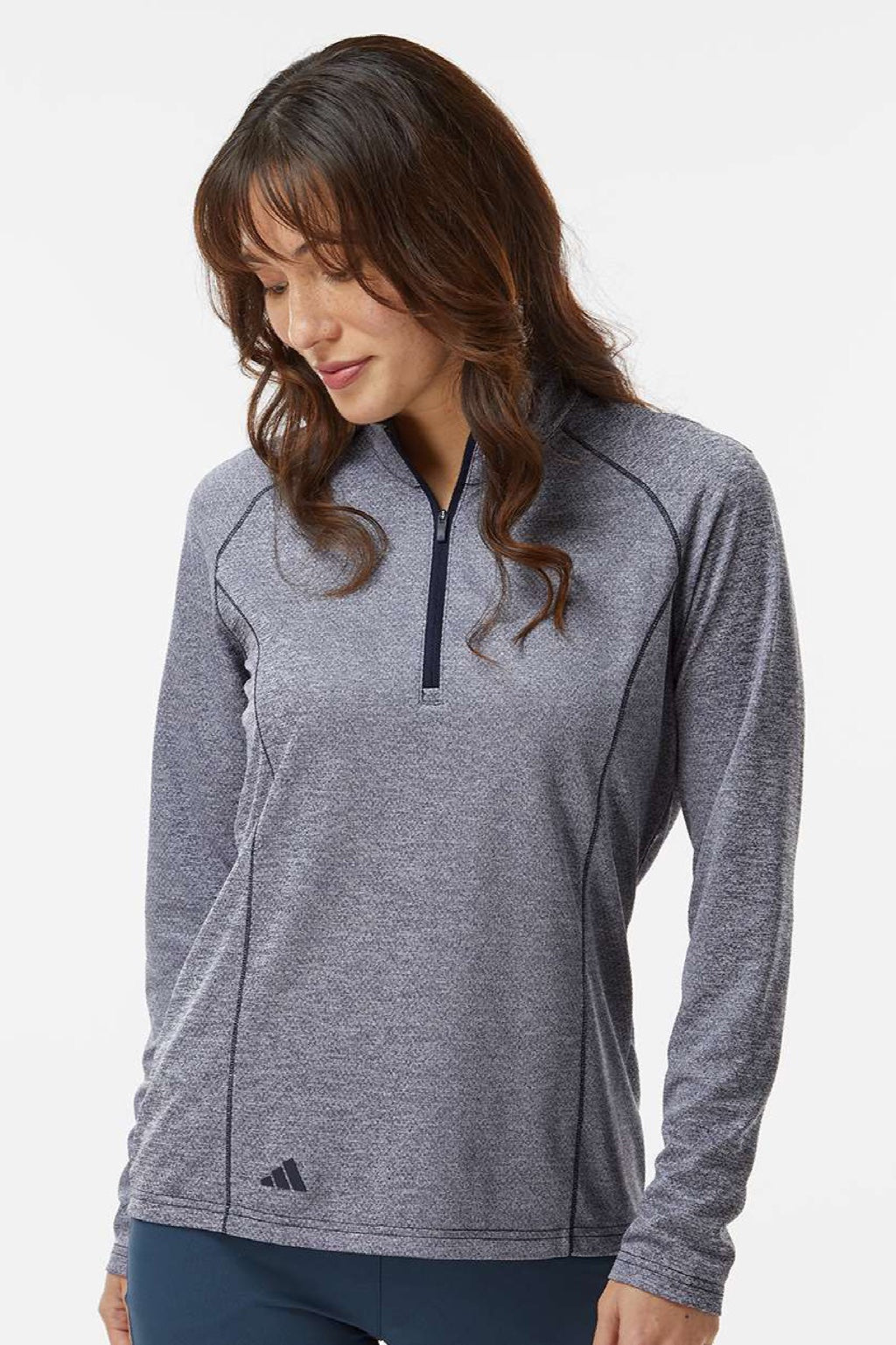 Adidas A594 Womens Space Dyed 1/4 Zip Sweatshirt Collegiate Navy Blue Melange Model Front