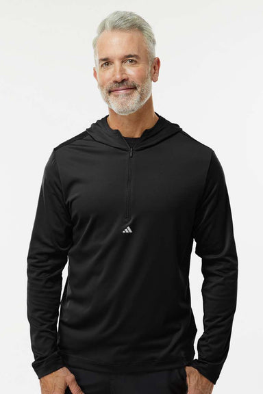 Adidas A596 Mens Lightweight Performance 1/4 Zip Hooded Sweatshirt Hoodie Black Model Front