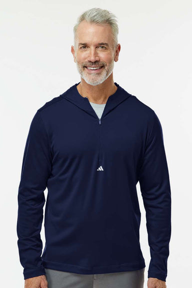 Adidas A596 Mens Lightweight Performance 1/4 Zip Hooded Sweatshirt Hoodie Collegiate Navy Blue Model Front
