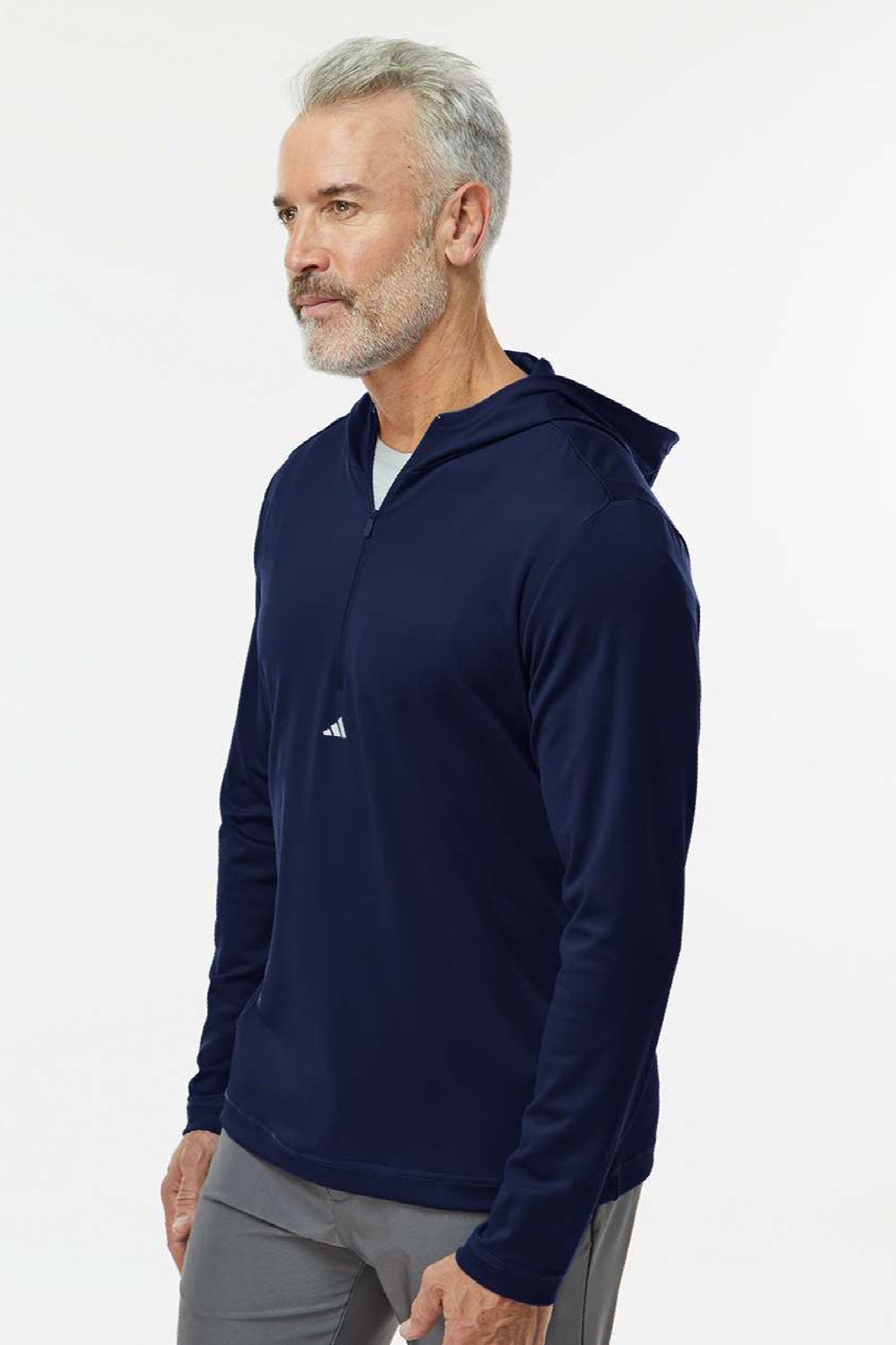 Adidas A596 Mens Lightweight Performance 1/4 Zip Hooded Sweatshirt Hoodie Collegiate Navy Blue Model Side
