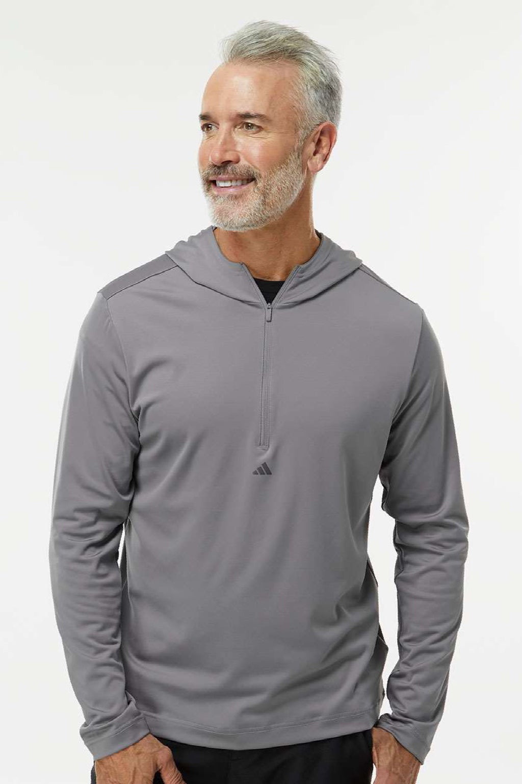 Adidas A596 Mens Lightweight Performance 1/4 Zip Hooded Sweatshirt Hoodie Grey Model Front