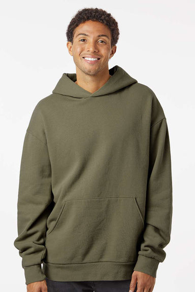 Independent Trading Company IND280SL Mens Avenue Hooded Sweatshirt Hoodie w/ Pouch Pocket Olive Green Model Front